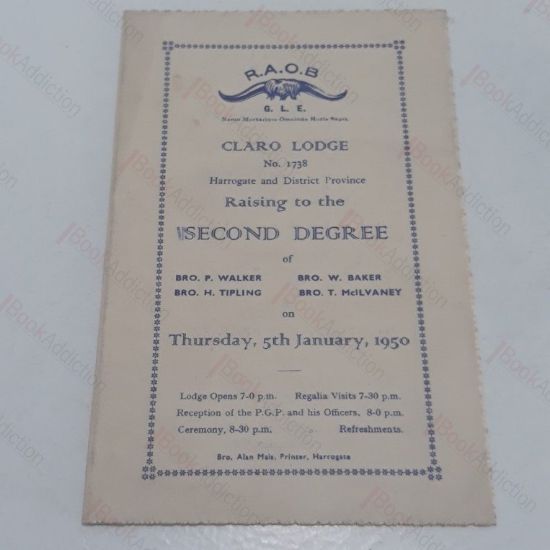 Picture of R A O B, Claro Lodge, Raising to the Second Degree (Programme), 1950