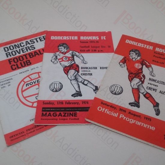 Picture of Three Football Official Programmes: Doncaster Rovers versus Crewe Alexandria, 30th August 1975, Doncaster Rovers versus Crewe Alexandria, 21st January 1972, and Doncaster Rovers versus Chester, 17th February 1974