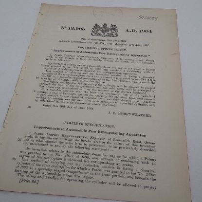 Picture of Patent Granted for Improvements in Automobile Fire Extinguishing Apparatus to J C Merryweather, April 1905