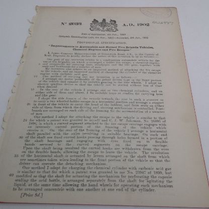 Picture of Patent Granted for Improvements in Automobile and Horsed Fire Fire Brigade Vehicles, Chemical Engines and Fire Escapes to James Compton Merryweather, Jan 1903