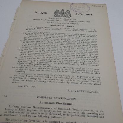 Picture of Patent Granted for an Automobile Fire Engine to J C Merryweather, March 1905