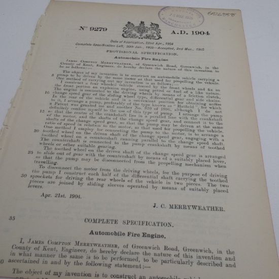 Picture of Patent Granted for an Automobile Fire Engine to J C Merryweather, March 1905