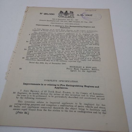 Picture of Patent Granted for Improvements to Fire Extingusing Engines and Appliances to John Brindle, August 1908