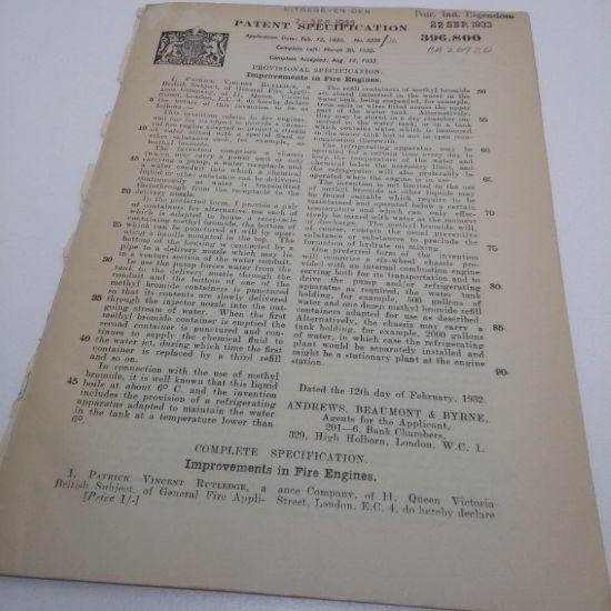 Picture of Patent Granted for Improvements in Fire Engines to Patrick Vincent Rutledge, August 1933