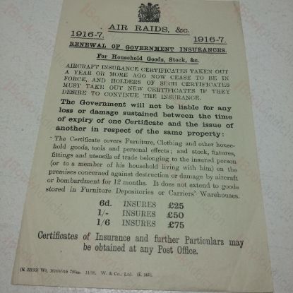 Picture of Handbill: Air Raids &c, 1916-17 Renewal of Government Insurances