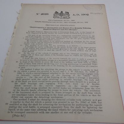 Picture of Patent Granted for Improvements in Automobile and Horsed Fire Fire Brigade Vehicles, Chemical Engines and Fire Escapes to James Compton Merryweather, Jan 1903