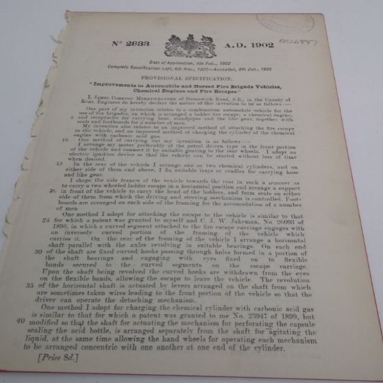 Picture of Patent Granted for Improvements in Automobile and Horsed Fire Fire Brigade Vehicles, Chemical Engines and Fire Escapes to James Compton Merryweather, Jan 1903