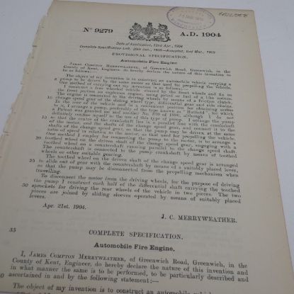 Picture of Patent Granted for an Automobile Fire Engine to J C Merryweather, March 1905