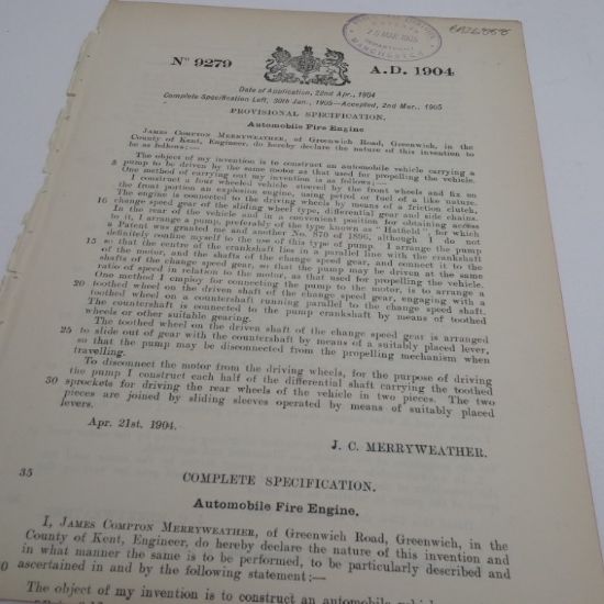 Picture of Patent Granted for an Automobile Fire Engine to J C Merryweather, March 1905