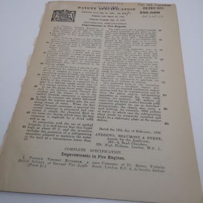 Picture of Patent Granted for Improvements in Fire Engines to Patrick Vincent Rutledge, August 1933